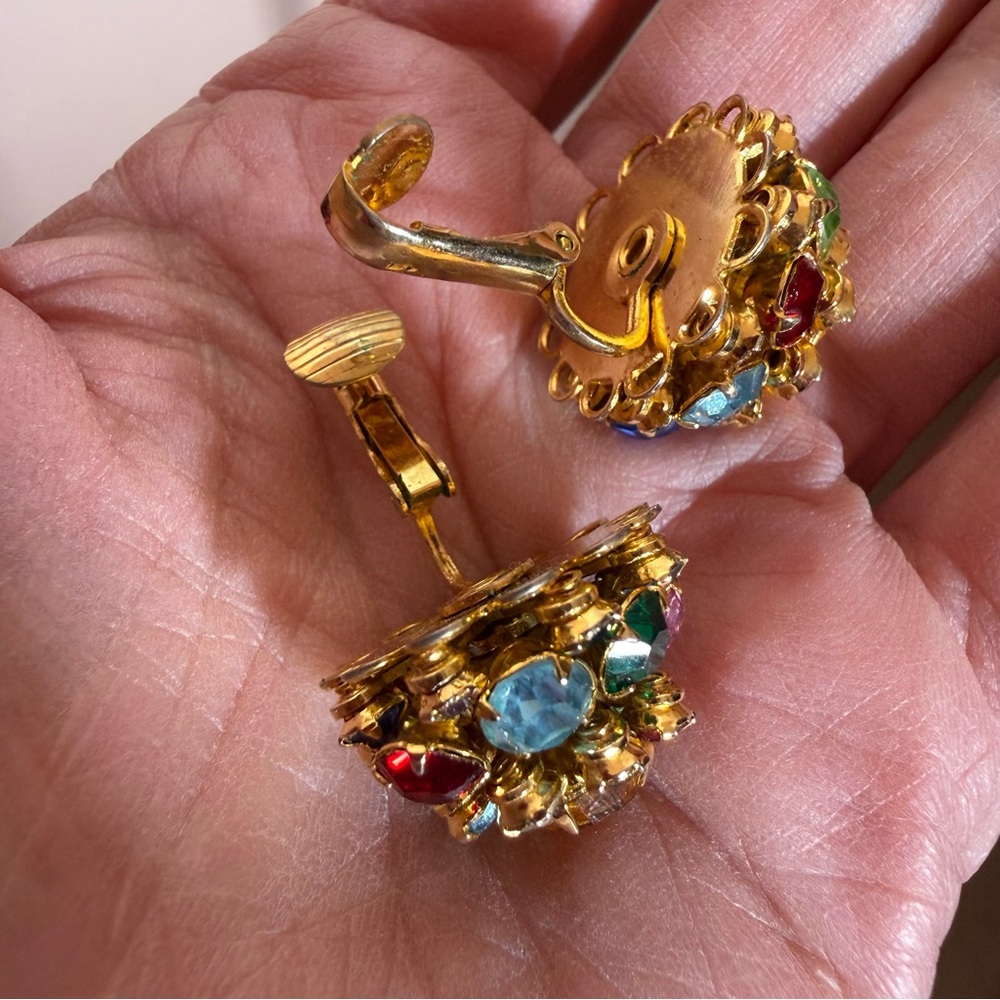 Vintage 1940s deco retro fruit salad Chech Crystal tutu cluster clip earrings - Picture 14 of 17